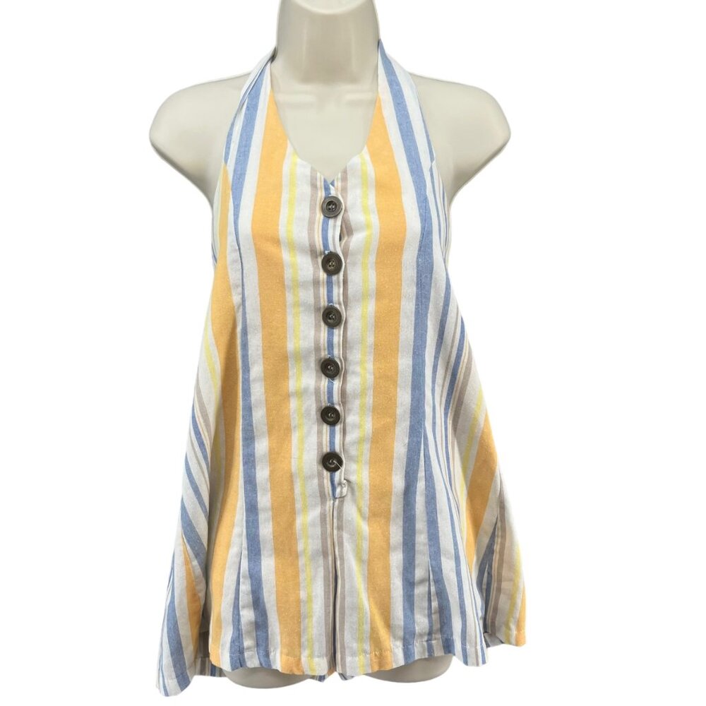 Striped Halter Button-Front Jumpsuit - Yellow & Blue
